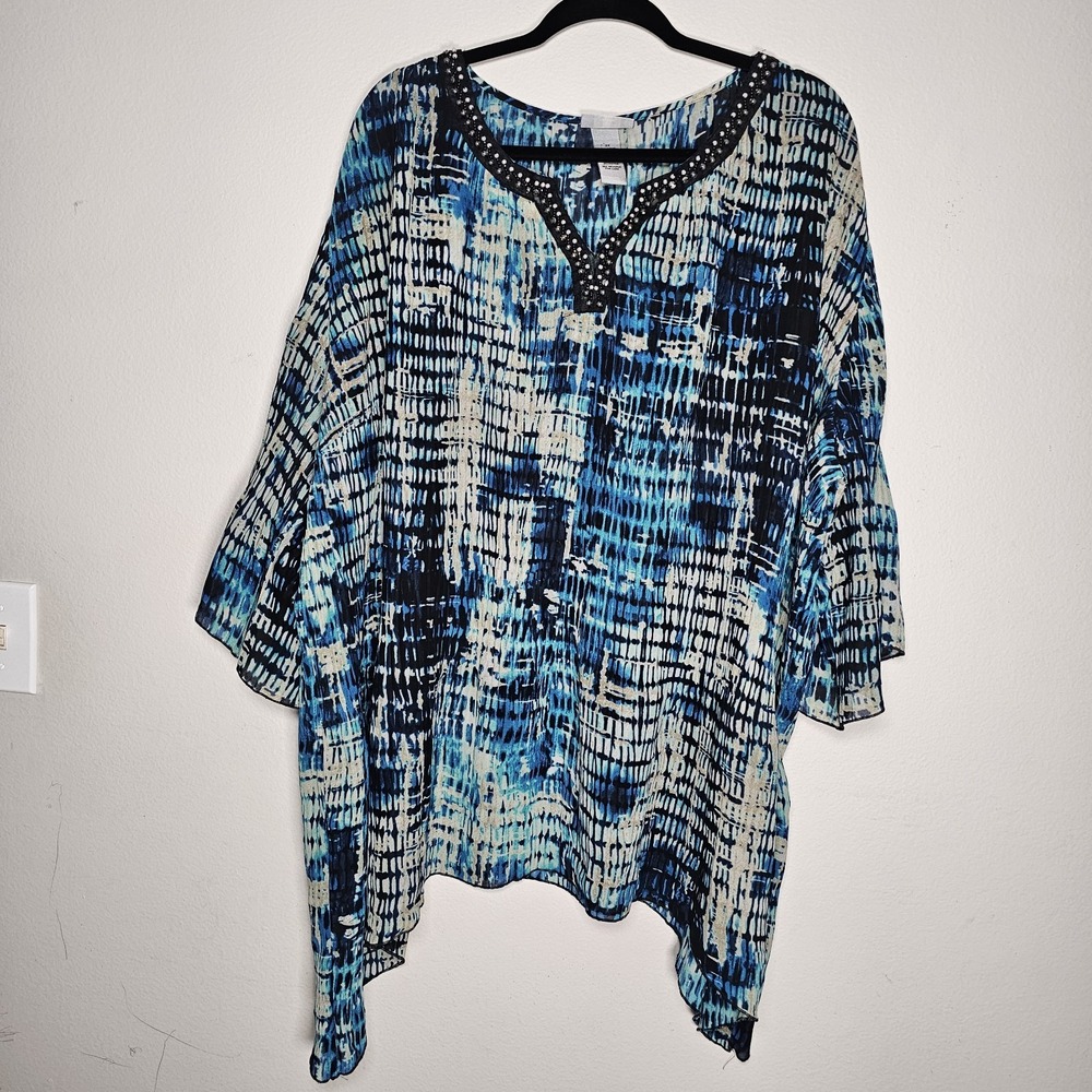 Catherines Pleated Tunic Top Plus 3X Blue Abstract Flare Sleeve Pullover